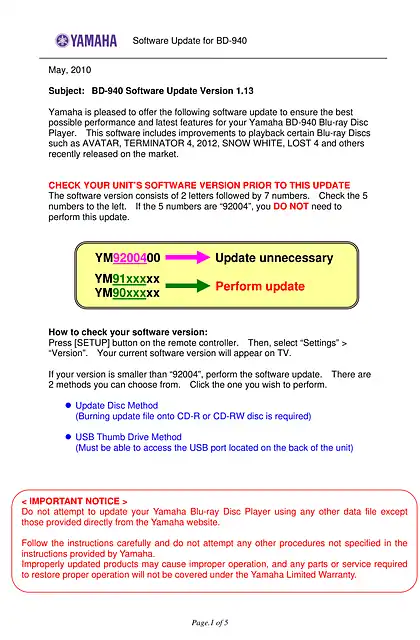 yamaha雅马哈BD-940 Update Install Manual